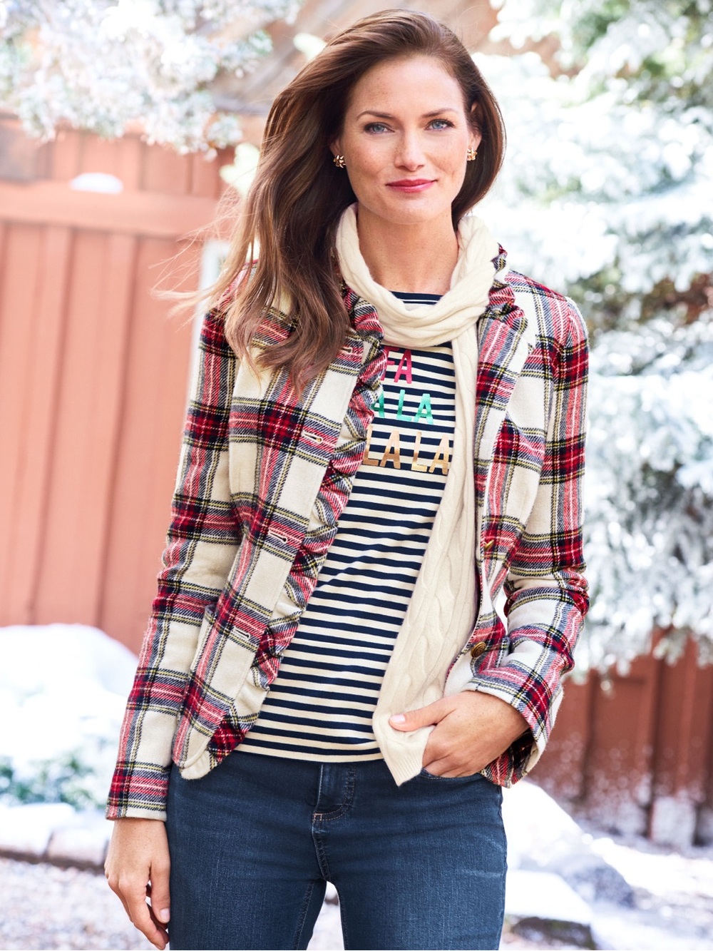 Talbots Shetland Wool Tartan Plaid Jacket Red Ivory Ruffle Trim Coat 8P Ruffle